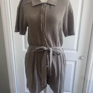Mono B Taupe Waffle Knit Short Sleeve Romper with Tie Waist